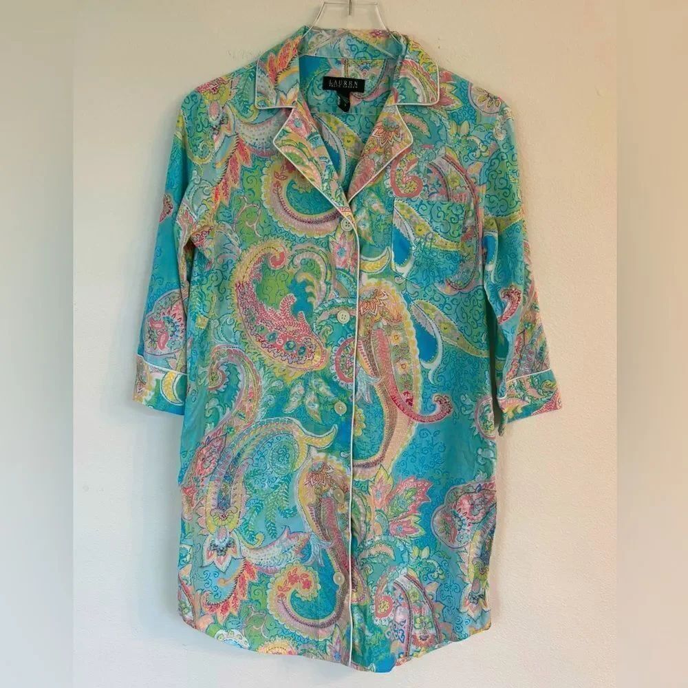 Lauren Ralph Lauren Pastel Paisley Print Sleep Shirt Button Front Size Small